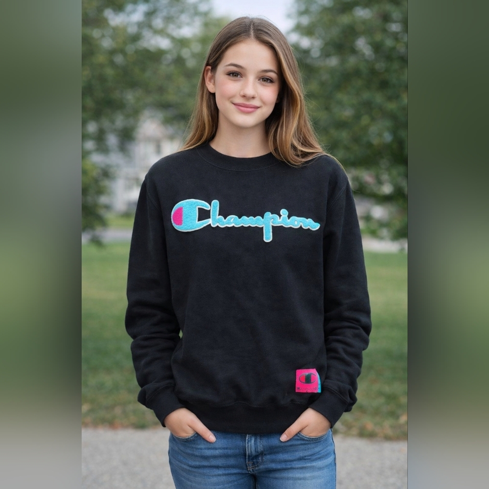 Champion Black Crewneck Sweater with Vibrant Logo